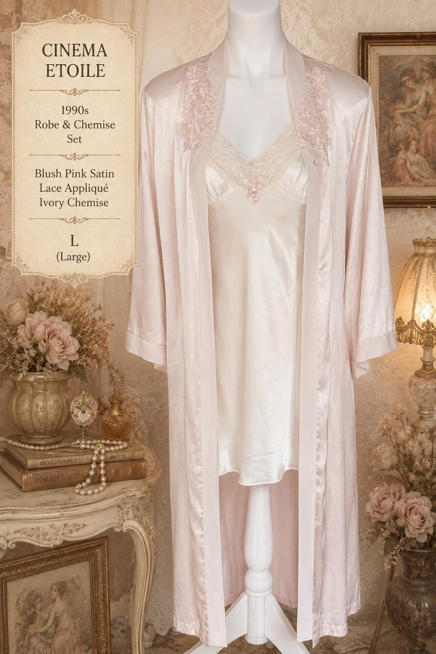 Vintage Cinema Etoile 1990s Blush Pink Lace Applique Robe Ivory Chemise Set M